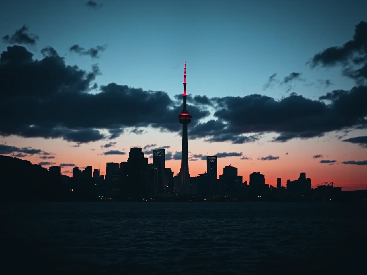 A harbour city skyline at dusk