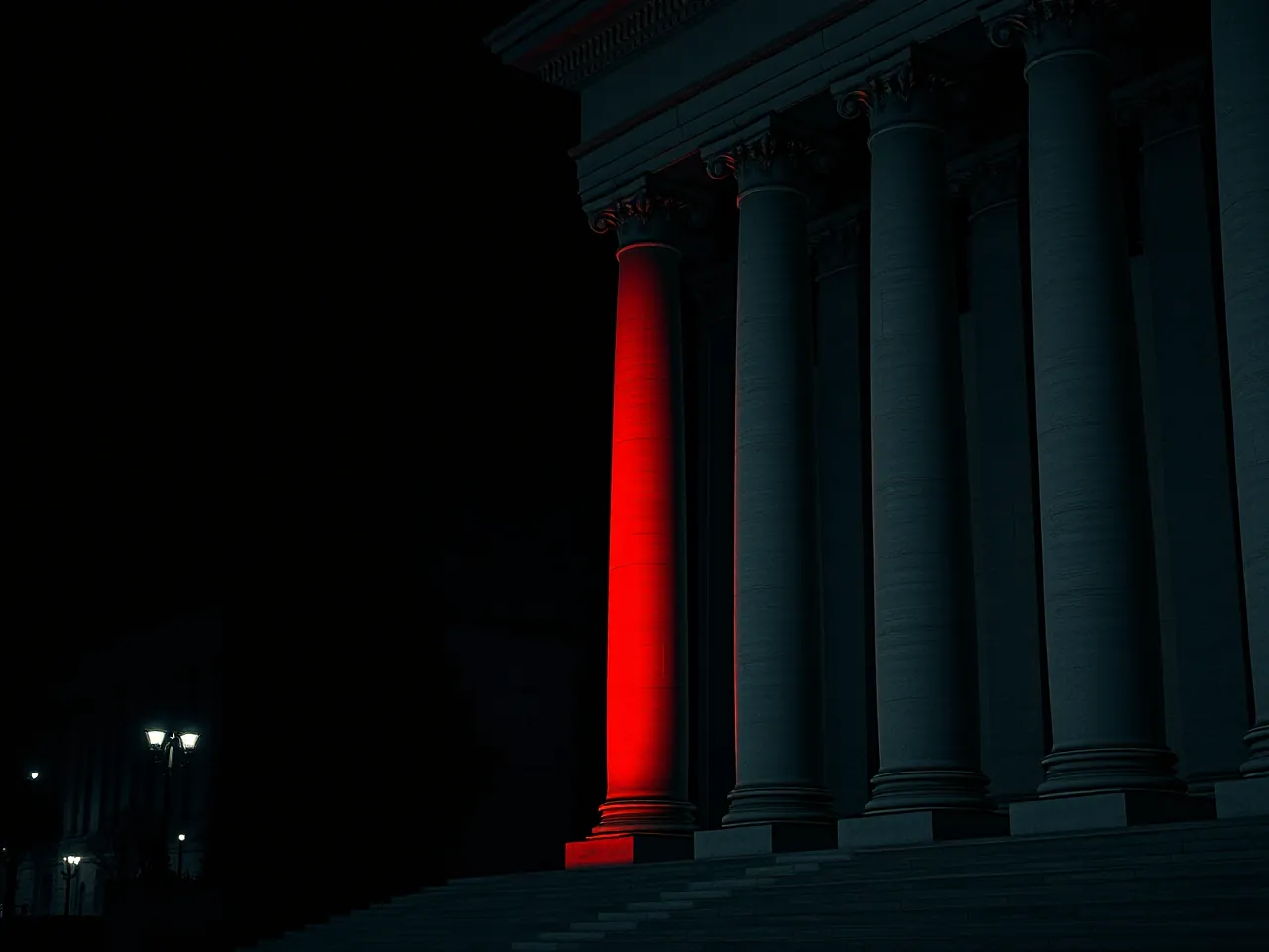 Government building columns at night