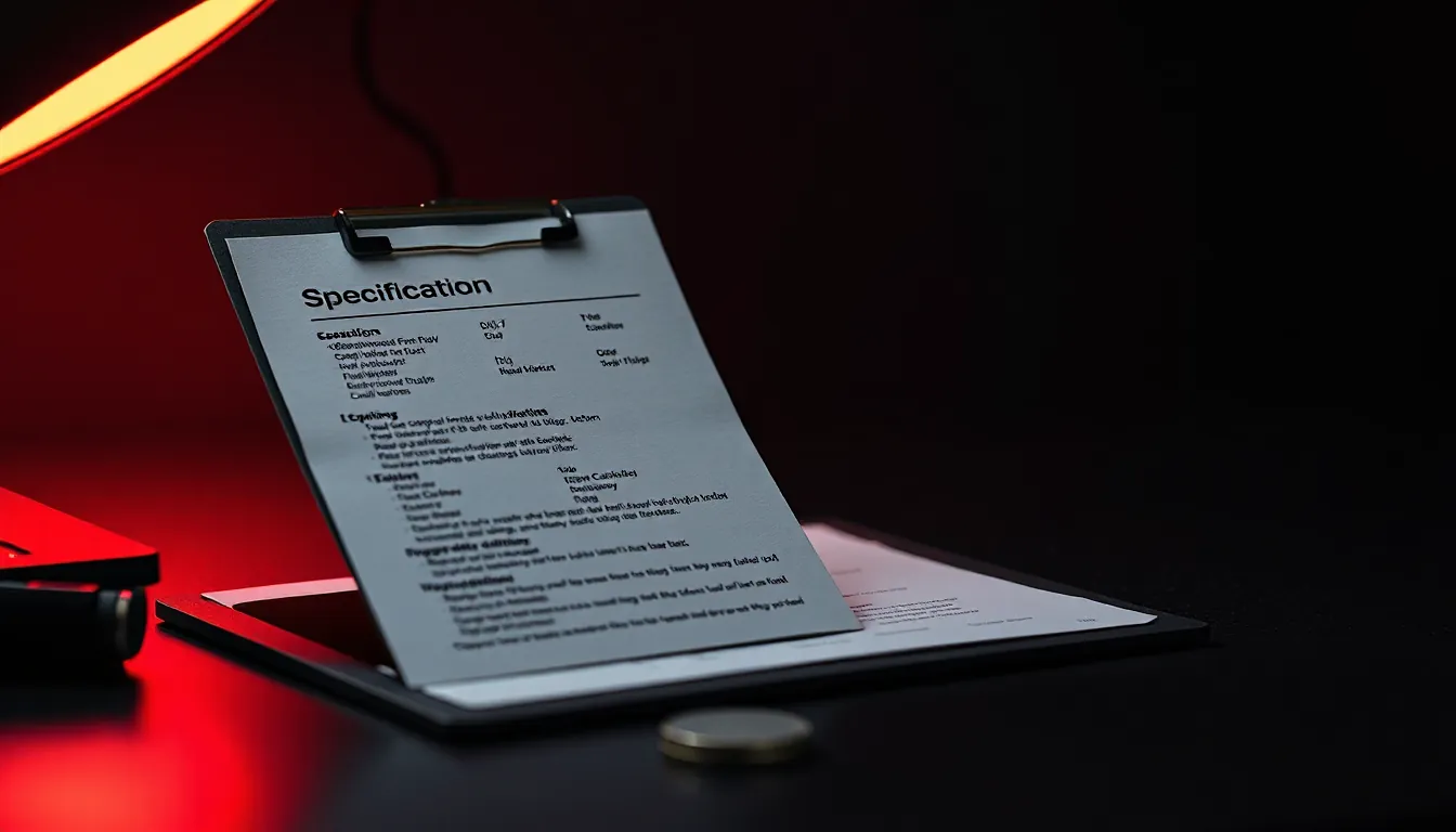 A specification card on a clipboard