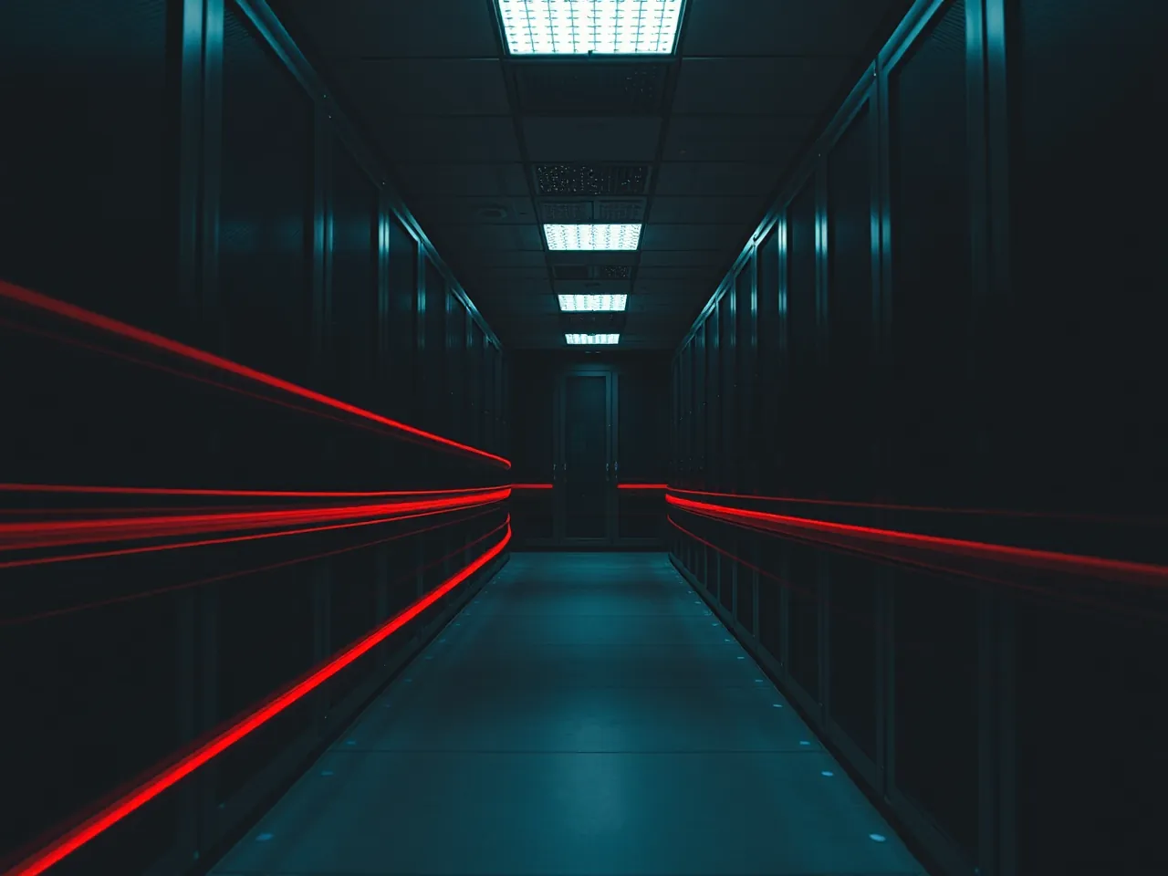 Light trails through a data center aisle