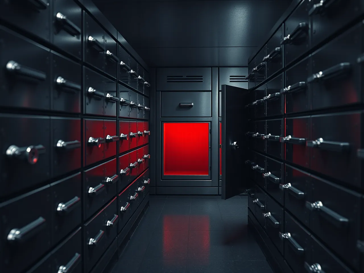 Rows of individual locked deposit boxes