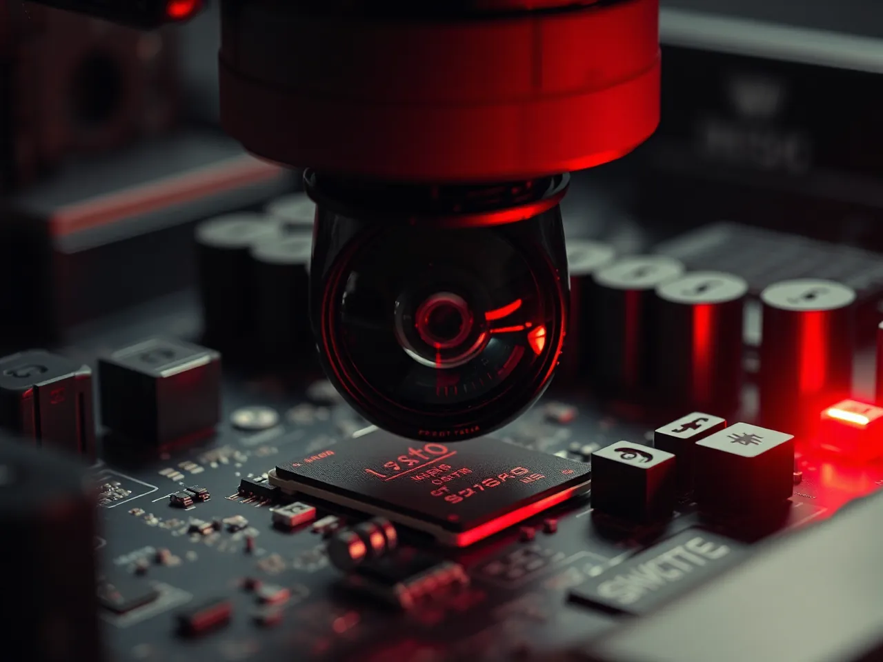 A lens inspecting a circuit board