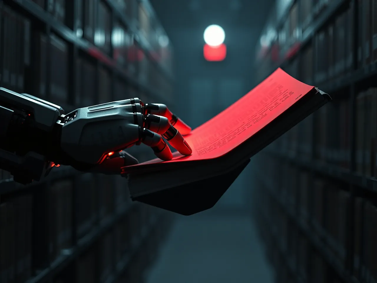 A robotic hand turning pages in an archive