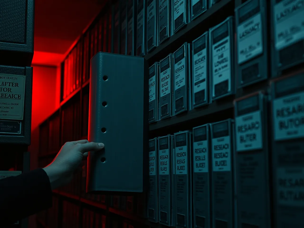 Research binders filed on archive shelves