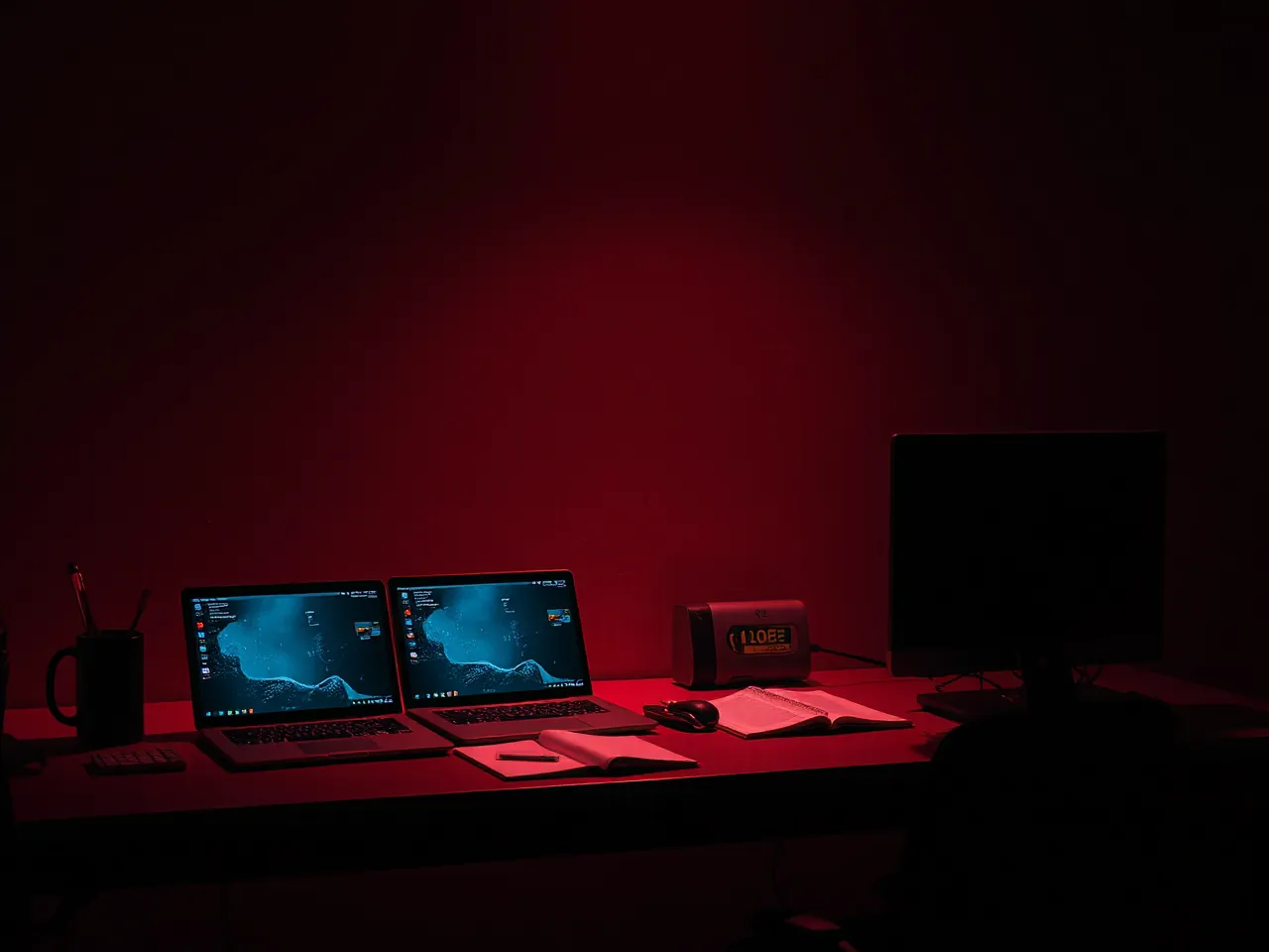 A research lab bench at night