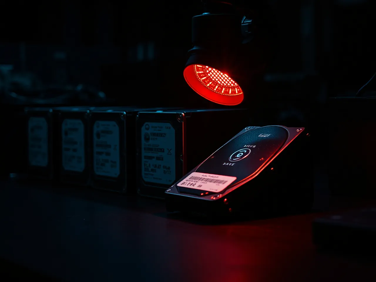 Storage drives under an inspection lamp